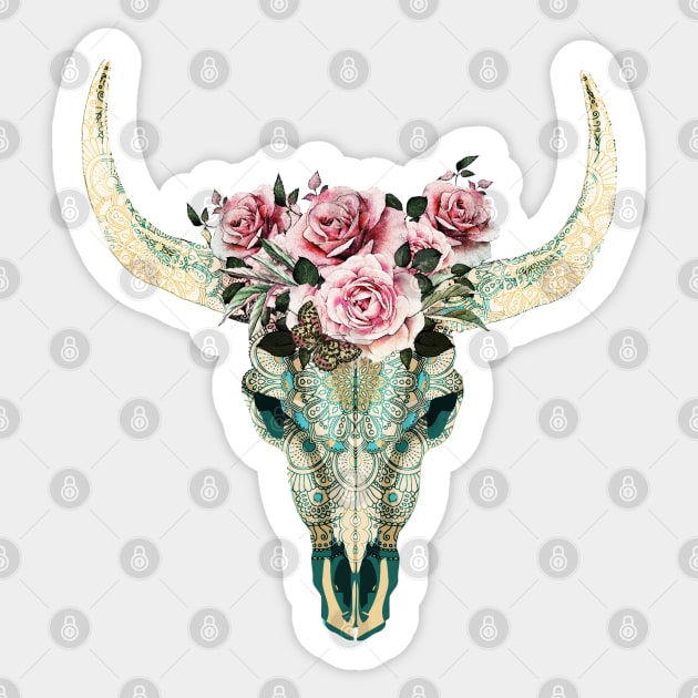 Cow Skull and floral roses crown, boho, bull skull, watercolor style and mandala decorations Sticker by Collagedream